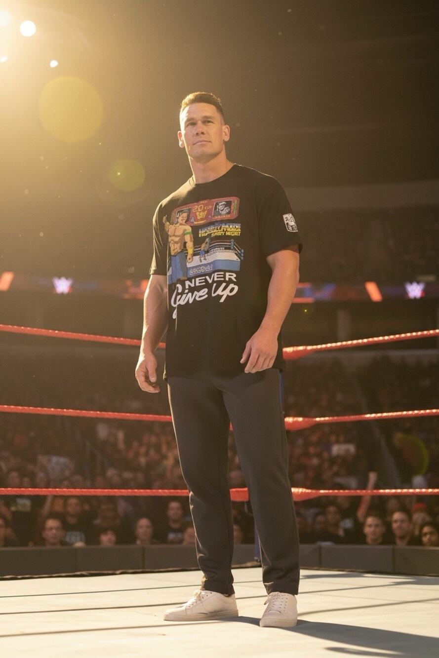 WWE Black XL John Cena 20 Years Never Give Up 8-Bit Gaming Graphic T-Shirt